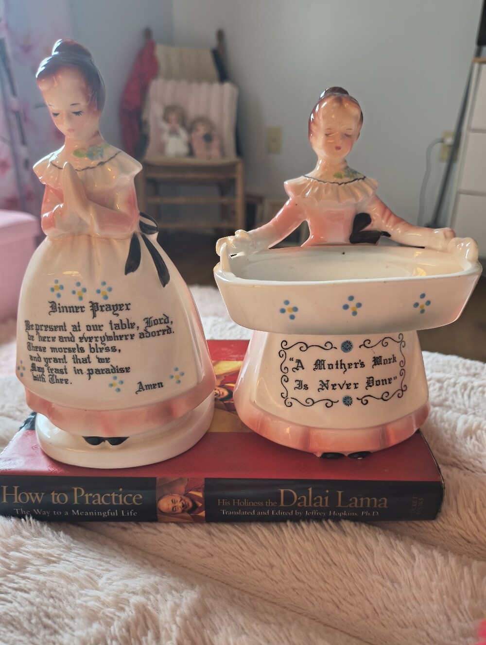 Pair of Pink Ceramic Figural Salt & Pepper Holders - Praying Girl & Basin
